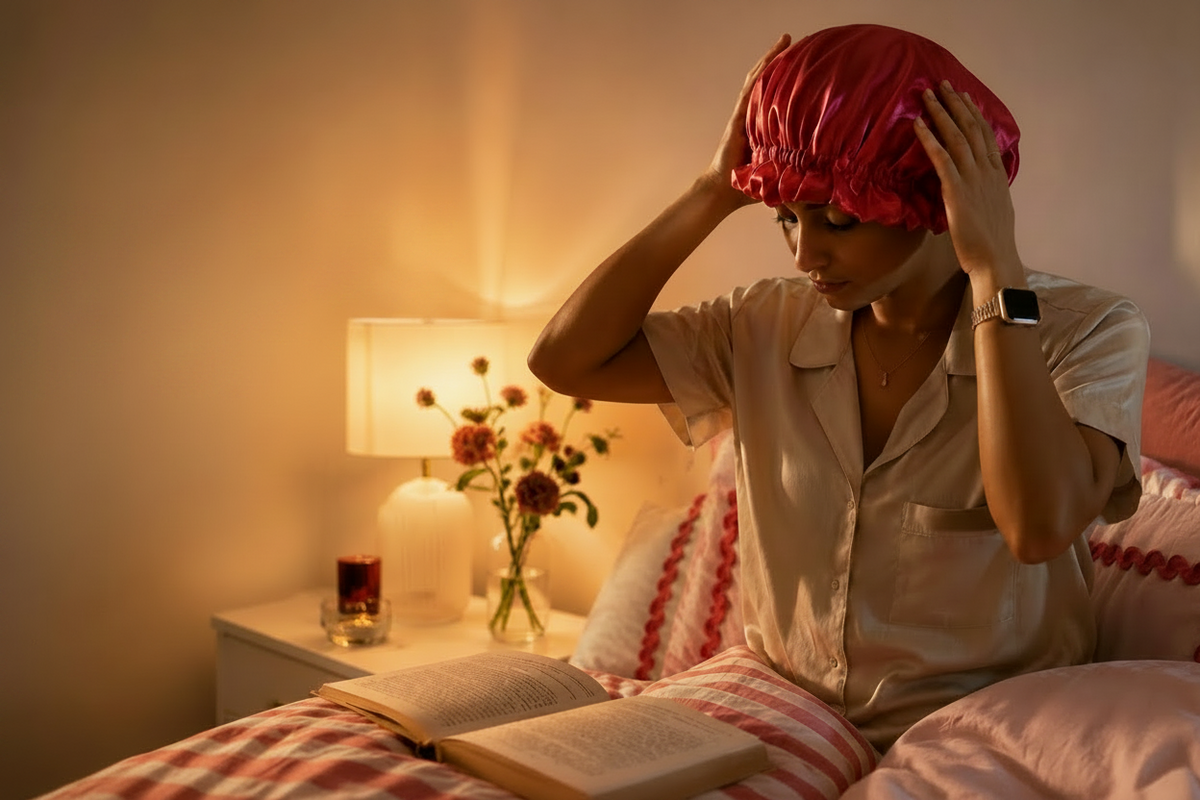 A lifestyle website banner showing a woman in a bedroom wearing a pink satin bonnet and light-colored pajamas, adjusting the bonnet. The left side features warm text reading 'Soft Living. but remove the Explore collection, 3 menu and additional icons
